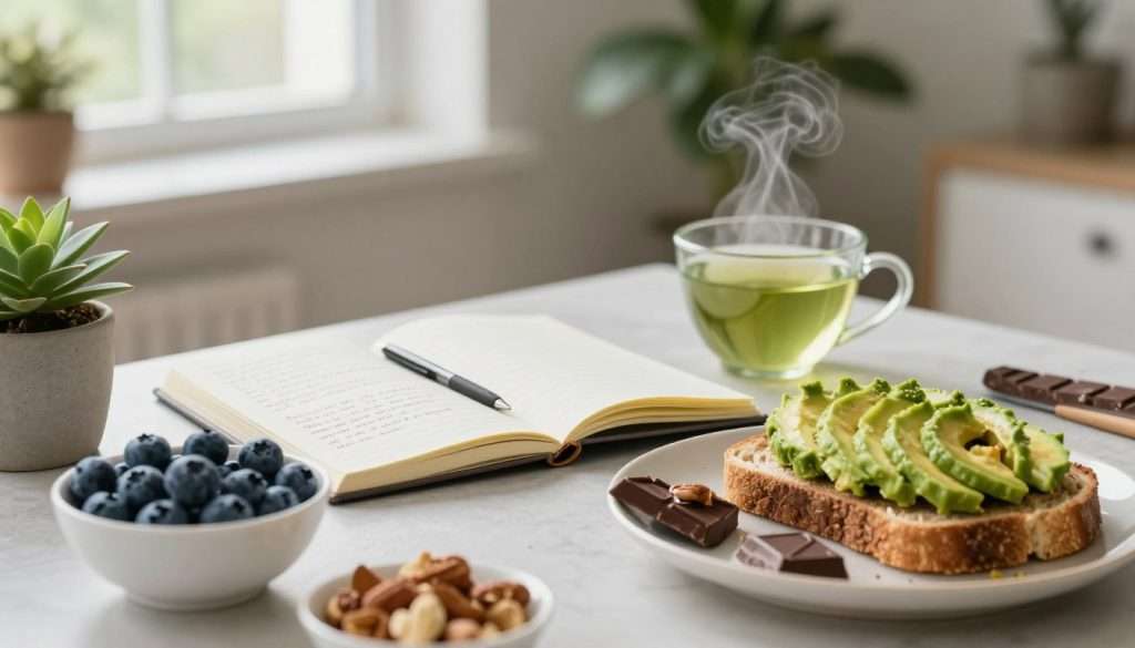 A vibrant, inviting workspace focused on nutritional strategies for brain health. In the foreground, a beautifully arranged table features colorful, brain-boosting foods: a bowl of blueberries, avocado toast, nuts, and dark chocolate. In the middle, an open notebook with neatly written notes alongside a steaming cup of green tea. A potted plant adds a touch of greenery. In the background, soft natural light streams through a window, illuminating the space and creating a calm atmosphere. The setting conveys focus and productivity, reflecting a serene environment ideal for enhancing cognitive performance. The image should capture a sense of intentionality and balance, showcasing a clear, organized workspace that promotes academic excellence.