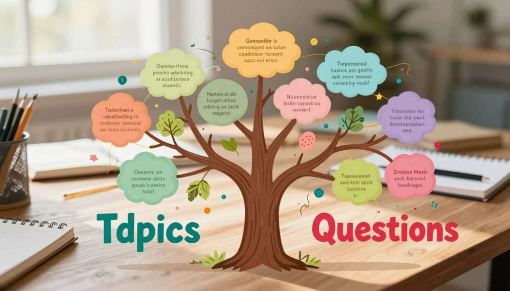 A vibrant mind map illustration centered on a large, organized tree structure with colorful branches extending outward. The foreground features bright, eye-catching keywords such as "Ideas," "Topics," and "Questions," each connected with thin, creative lines. The middle ground showcases intermediate ideas in pastel tones, resembling a branching diagram that invites exploration. In the background, a soft-focus of a serene workspace with a wooden desk, notebooks, and stationery adds depth. Natural sunlight filters through a nearby window, illuminating the scene, creating a warm and inviting atmosphere. The overall mood should convey creativity and productivity, emphasizing a structured approach to brainstorming and organization. A vibrant mind map illustration centered on a large, organized tree structure with colorful branches extending outward. The foreground features bright, eye-catching keywords such as "Ideas," "Topics," and "Questions," each connected with thin, creative lines. The middle ground showcases intermediate ideas in pastel tones, resembling a branching diagram that invites exploration. In the background, a soft-focus of a serene workspace with a wooden desk, notebooks, and stationery adds depth. Natural sunlight filters through a nearby window, illuminating the scene, creating a warm and inviting atmosphere. The overall mood should convey creativity and productivity, emphasizing a structured approach to brainstorming and organization.