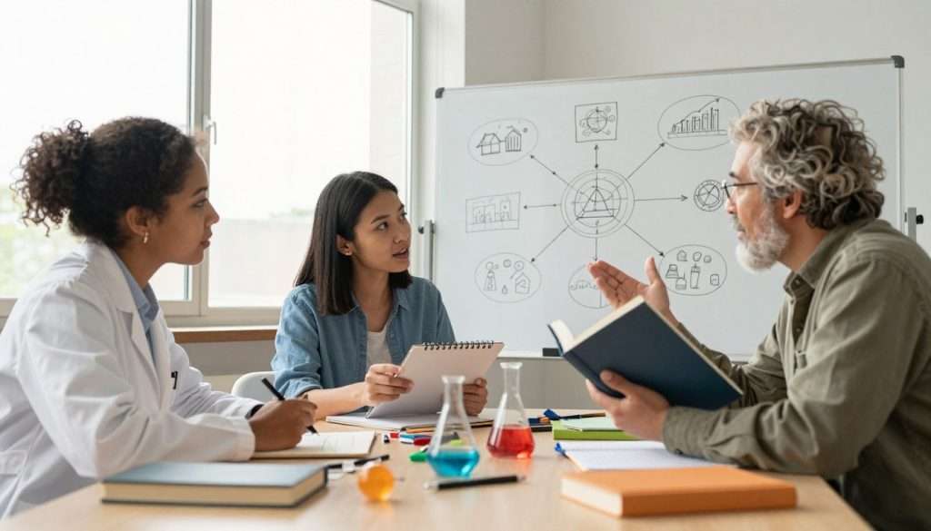 A vibrant scene symbolizing interdisciplinary learning, featuring a diverse group of three professionals—a scientist in a lab coat, an artist with a sketchpad, and a historian holding a book—engaged in animated discussion around a table. The foreground showcases educational materials like books, art supplies, and scientific models scattered across the table, indicating collaboration. In the middle ground, a large whiteboard is filled with interconnected concepts and drawings illustrating various fields of knowledge. The background features large windows flooding the scene with warm, natural light, creating an inviting atmosphere. Use a slight downward angle to emphasize the table and the professionals' engagement, evoking a sense of creativity and intellectual synergy. The mood should be inspiring and dynamic, capturing the essence of collaborative learning across disciplines.