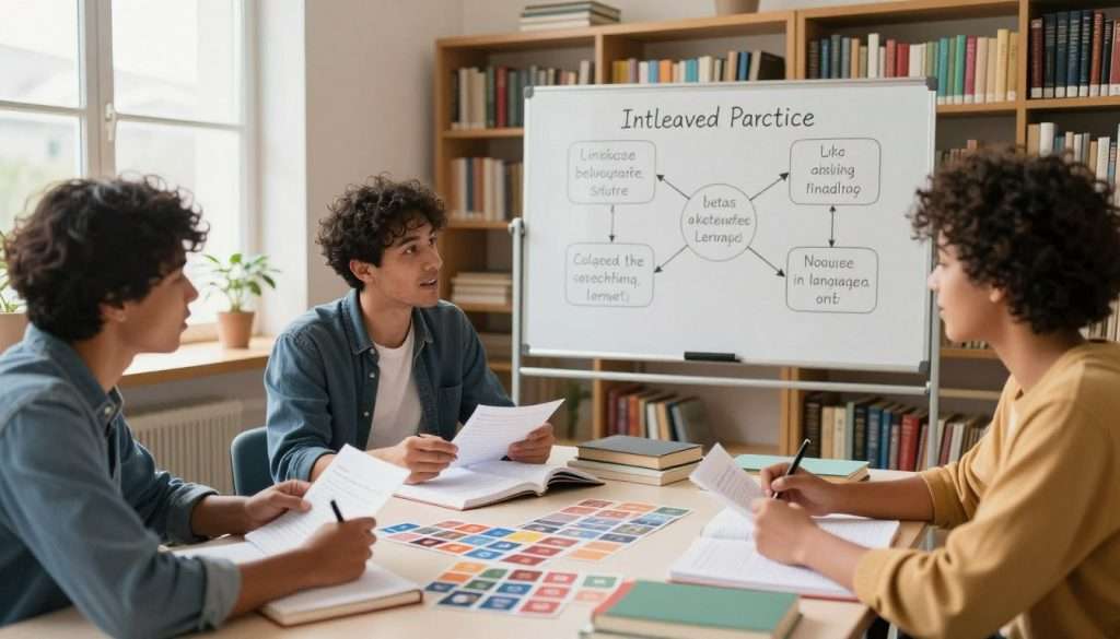 A vibrant study environment showcasing interleaved practice in language learning. In the foreground, a diverse group of three individuals—two men and one woman—are seated around a table filled with language books, flashcards, and notebooks. They are engaging in animated discussions, exchanging notes while depicting enthusiasm and collaboration. In the middle ground, a whiteboard displays interconnected language concepts and techniques, illustrating how different languages can be practiced together. The background features a cozy library with bookshelves stacked with various language learning resources. Soft, natural light pours in from tall windows, creating a warm and inviting atmosphere. The angle captures both the interaction among the learners and the educational tools surrounding them, emphasizing the effectiveness of interleaved practice across disciplines.