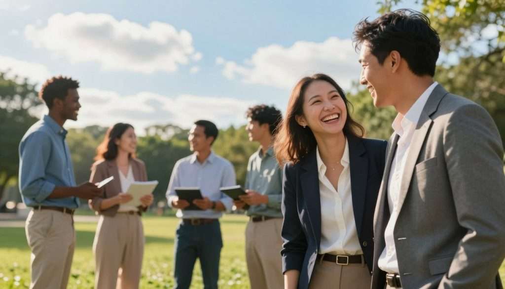 A vibrant, uplifting scene depicting a diverse group of individuals, representing various cultures and backgrounds, engaging in meaningful conversations in a lush, sunny park setting. In the foreground, two people, a man and a woman dressed in professional business attire, share a joyful laugh while leaning close, emphasizing connection and understanding. The middle ground features small groups of friends discussing and sharing ideas, with animated body language showcasing enthusiasm and support. The background displays a bright blue sky with fluffy clouds, bathed in the warm glow of the late afternoon sun, creating an inviting atmosphere. The image conveys a sense of joy, mutual respect, and empowerment, highlighting the beauty of transcending mediocrity in personal relationships through genuine connection.