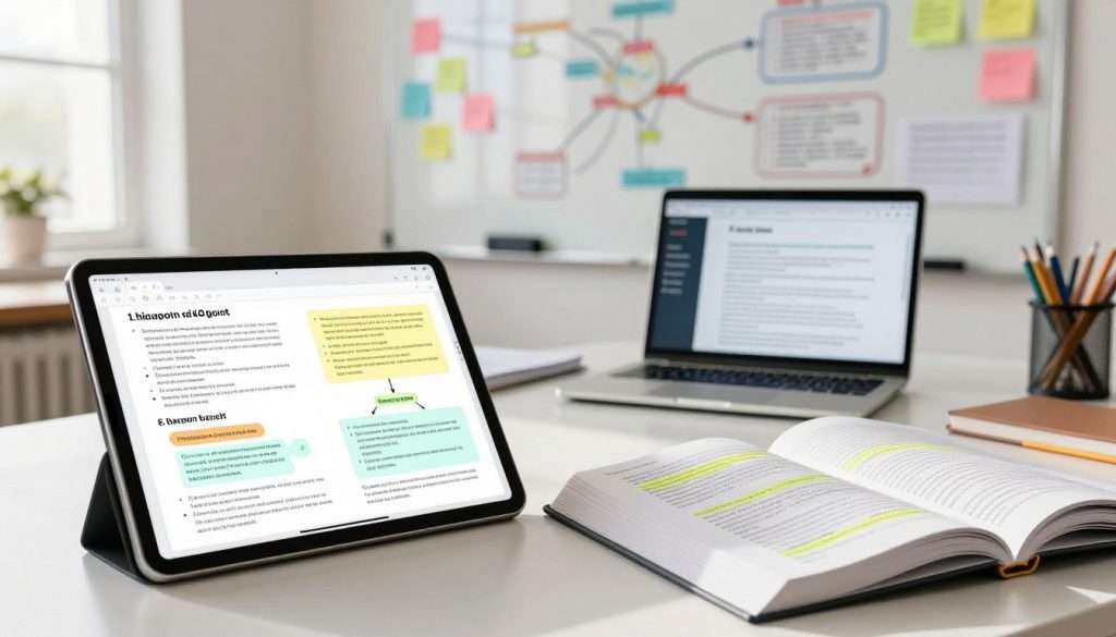 A vibrant workspace filled with a blend of digital and physical study aids. In the foreground, a sleek tablet displays visually appealing, AI-generated study notes featuring colorful diagrams, bullet points, and flowcharts derived from textbook chapters. Beside the tablet, an open textbook lays with highlighted sections. In the middle, a modern desk with a laptop shows an AI interface analyzing text. The background features a large whiteboard filled with mind maps, sticky notes, and brainstorming sketches. Soft, natural lighting streams in from a nearby window, creating a productive atmosphere that conveys focus and creativity. The overall mood is energetic and engaging, inspiring efficient study habits without any clutter. A vibrant workspace filled with a blend of digital and physical study aids. In the foreground, a sleek tablet displays visually appealing, AI-generated study notes featuring colorful diagrams, bullet points, and flowcharts derived from textbook chapters. Beside the tablet, an open textbook lays with highlighted sections. In the middle, a modern desk with a laptop shows an AI interface analyzing text. The background features a large whiteboard filled with mind maps, sticky notes, and brainstorming sketches. Soft, natural lighting streams in from a nearby window, creating a productive atmosphere that conveys focus and creativity. The overall mood is energetic and engaging, inspiring efficient study habits without any clutter.