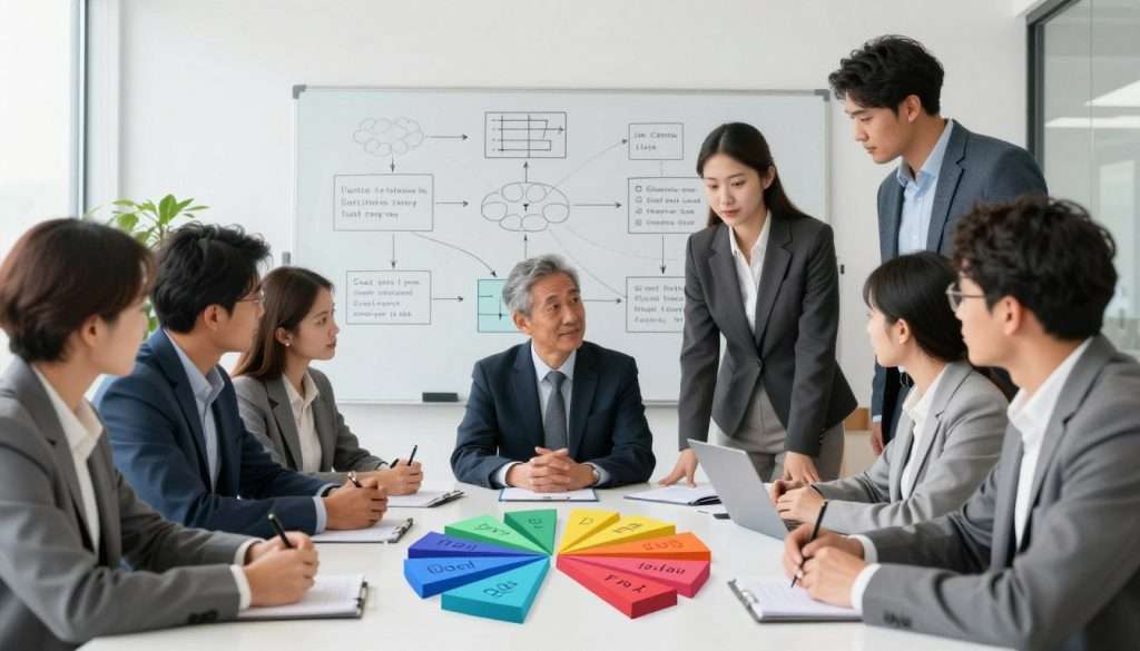 A visually engaging scene depicting the concept of chunking information. In the foreground, a diverse group of professionals, dressed in smart business attire, are gathered around a large table, collaboratively breaking down complex data into smaller, manageable segments. Each segment is represented by colorful, floating geometric shapes, symbolizing the organized information. In the middle ground, a large whiteboard filled with mind maps and diagrams illustrates the chunking process. In the background, a serene office environment with large windows allows natural light to flood in, creating a bright and motivating atmosphere. The overall mood is focused and collaborative, emphasizing teamwork and effective learning strategies. Use a slightly angled perspective to enhance depth and engagement.
