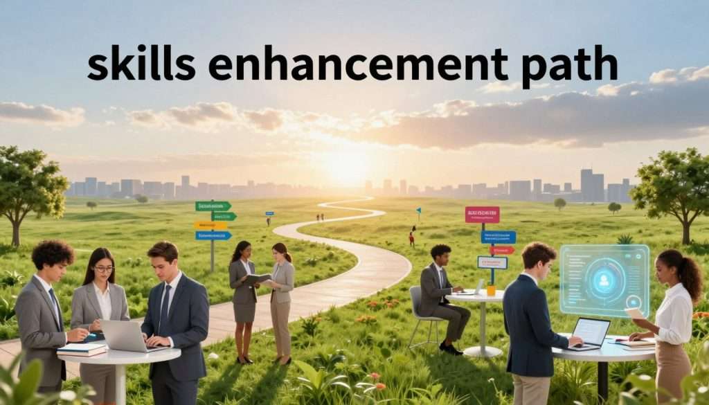 A visually engaging "skills enhancement path" designed as a vibrant learning landscape. In the foreground, a diverse group of individuals in professional business attire interact with various learning resources, such as books, laptops, and digital interfaces, symbolizing collaboration and discovery. In the middle ground, a winding path adorned with colorful markers representing different skills and educational milestones leads toward a bright horizon, suggesting growth and progress. The background features a serene skyline with soft sunlight breaking through, evoking a sense of optimism and aspiration. The atmosphere is energetic yet focused, inviting viewers to envision their own learning journeys. The overall composition captures the essence of lifelong learning and personal development in a harmonious and inspiring way. A visually engaging "skills enhancement path" designed as a vibrant learning landscape. In the foreground, a diverse group of individuals in professional business attire interact with various learning resources, such as books, laptops, and digital interfaces, symbolizing collaboration and discovery. In the middle ground, a winding path adorned with colorful markers representing different skills and educational milestones leads toward a bright horizon, suggesting growth and progress. The background features a serene skyline with soft sunlight breaking through, evoking a sense of optimism and aspiration. The atmosphere is energetic yet focused, inviting viewers to envision their own learning journeys. The overall composition captures the essence of lifelong learning and personal development in a harmonious and inspiring way.