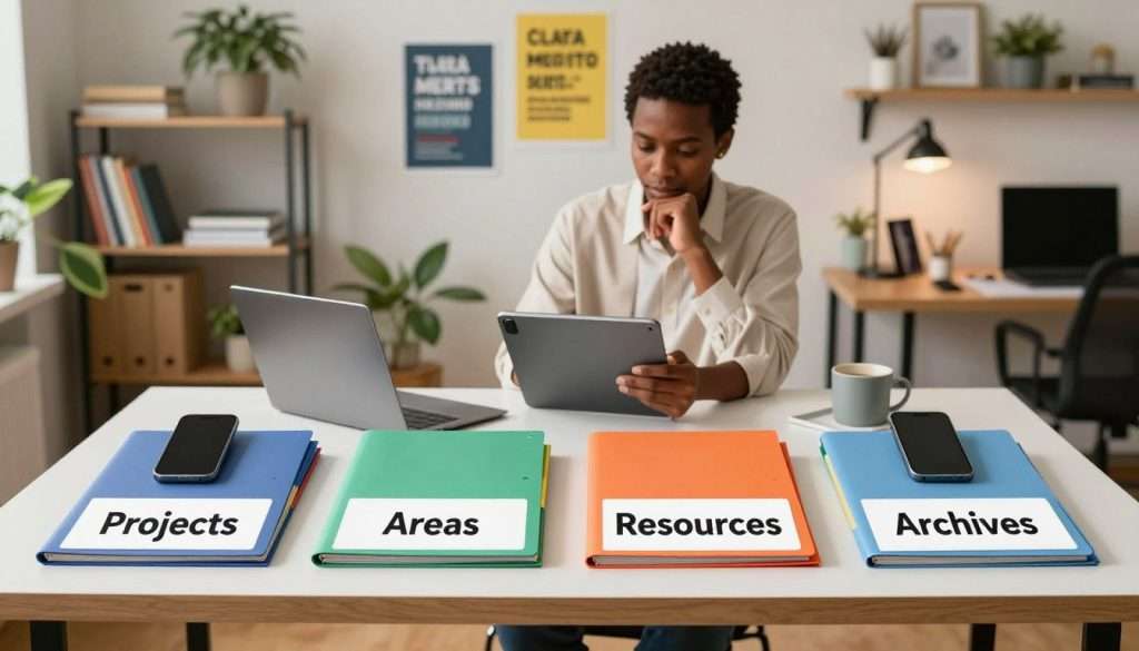 A visually engaging workspace depicting the PARA method of organization for personal knowledge management. In the foreground, a neatly arranged desk features four distinct sections labeled Projects, Areas, Resources, and Archives, all organized with colorful folders and sleek digital devices. In the middle ground, a focused individual of diverse descent, dressed in professional attire, is thoughtfully browsing through a digital tablet, surrounded by motivational posters emphasizing clarity and efficiency. The background showcases a modern office environment filled with bookshelves, plants, and inspirational decor, bathed in warm, soft lighting to create an inviting atmosphere conducive to learning. The image is captured with a shallow depth of field to emphasize the organized workspace, evoking a sense of calm and productivity, ideal for lifelong learning pursuits.