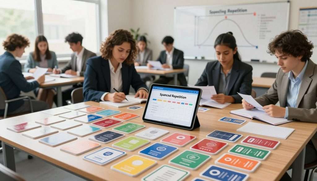 A visually striking representation of "Spaced Repetition" to master the forgetting curve. In the foreground, a large, well-organized study table features an array of colorful flashcards and a digital tablet displaying a spaced repetition app. In the middle ground, a diverse group of focused individuals in professional attire are engaged in study sessions, analyzing flashcards and taking notes. The background shows a classroom setting with a whiteboard filled with diagrams of the forgetting curve, emphasizing the learning process. Soft, natural lighting filters through large windows, creating a warm, productive ambiance. The camera angle is slightly elevated, capturing the dynamic atmosphere of collaborative learning. The overall mood is motivated and scholarly, inspiring efficient study habits. A visually striking representation of "Spaced Repetition" to master the forgetting curve. In the foreground, a large, well-organized study table features an array of colorful flashcards and a digital tablet displaying a spaced repetition app. In the middle ground, a diverse group of focused individuals in professional attire are engaged in study sessions, analyzing flashcards and taking notes. The background shows a classroom setting with a whiteboard filled with diagrams of the forgetting curve, emphasizing the learning process. Soft, natural lighting filters through large windows, creating a warm, productive ambiance. The camera angle is slightly elevated, capturing the dynamic atmosphere of collaborative learning. The overall mood is motivated and scholarly, inspiring efficient study habits.
