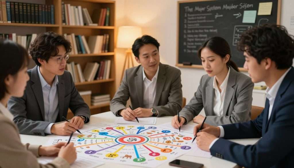 A visually striking representation of memory techniques, focusing on the Major System Number-Sound associations. In the foreground, a diverse group of three individuals dressed in professional attire, deeply engaged in a creative brainstorming session over a large table cluttered with colorful diagrams and number associations. The middle scene features vibrant mind maps connected with colorful lines, showcasing numbers linked to vivid imagery like animals and objects. The background includes a softly lit study with bookshelves filled with memory-related literature, a chalkboard filled with notes, and warm, ambient lighting creating a focused atmosphere. The mood is inspiring and intellectually stimulating, inviting viewers to explore the power of memory enhancement techniques. Use a shallow depth of field to emphasize the group while softly blurring the background.