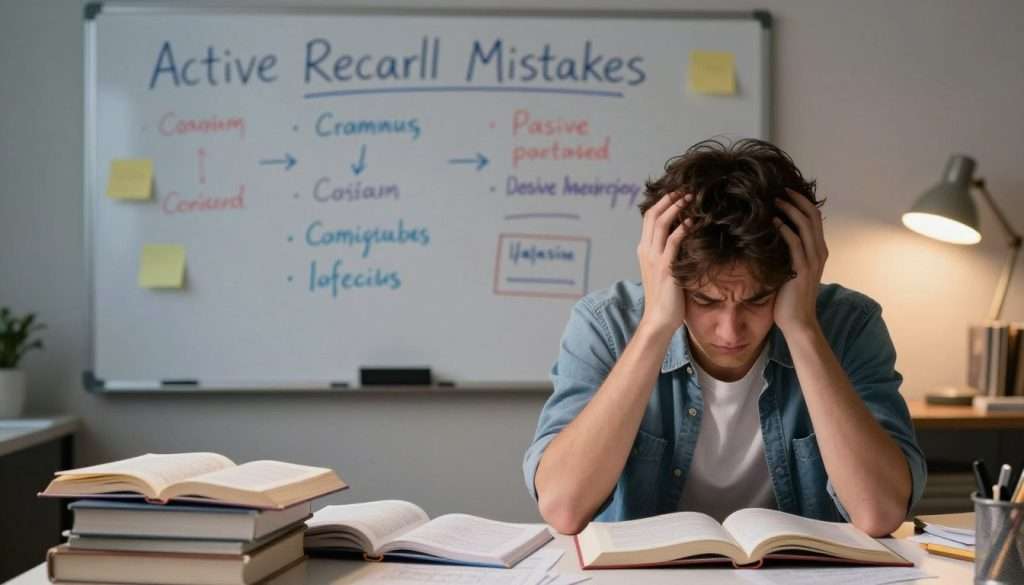 A visually striking scene depicting the concept of "Active Recall Mistakes" in a study environment. In the foreground, a stressed student sits at a cluttered desk, surrounded by open textbooks and notes, wearing casual but neat clothing. The student looks frustrated, holding their head in their hands, with a frown of confusion. In the middle ground, a whiteboard is filled with colorful, disorganized study materials, illustrating common mistakes like cramming, passive reading, and ineffective question formulation. The background features a cozy study room with a warm glow from a desk lamp, creating an inviting yet tense atmosphere. The lighting is soft and focused on the student, with a shallow depth of field, emphasizing their emotional struggle while subtly highlighting the chaos around them.