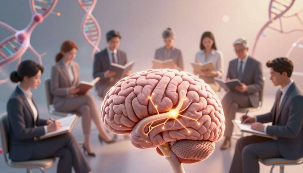 A vivid and detailed illustration of the biological factors influencing memory retention. In the foreground, depict a human brain, intricately detailed with highlighted areas representing active neural connections, showcasing synapses firing. In the middle ground, incorporate a diverse group of professionals (all dressed in professional business attire) engaged in varied learning activities such as reading, discussing, and writing notes, symbolizing effective memory retention. In the background, visualize abstract representations of DNA strands and neurons flowing harmoniously, suggesting the biological underpinnings of memory. The lighting is soft, ethereal, casting a warm glow over the scene and creating a thoughtful, introspective atmosphere. Use a slightly angled perspective to enhance depth, drawing the viewer’s eyes through the layers of the image, ultimately leading them to the central brain.