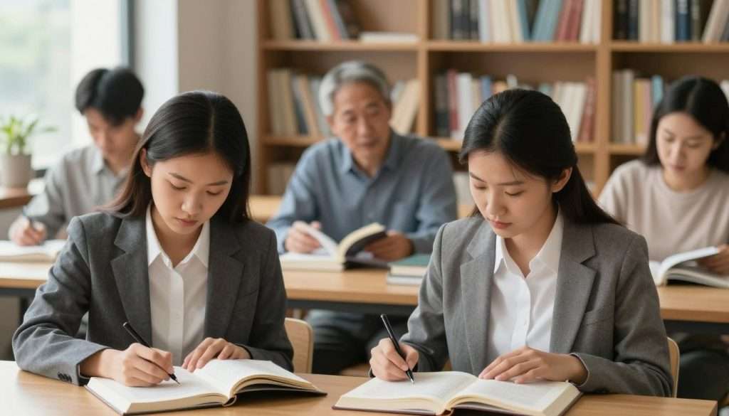A well-lit, cozy study environment featuring a diverse group of individuals engaging in active reading techniques. In the foreground, a young woman in professional attire takes notes intensely while highlighting passages in a book, showing concentration and engagement. In the middle, a middle-aged man discusses ideas with a colleague, both surrounded by books and papers, illustrating collaboration and dialogue. The background includes a large bookshelf filled with various books to convey the importance of literature. Soft, natural light filters through a nearby window, creating an inviting and focused atmosphere. The overall mood is one of intellectual curiosity and active participation in the reading process. The image captures the essence of engagement and the transformative power of reading.