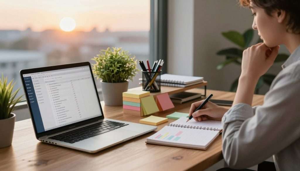 A well-organized personal distraction management system on an elegant wooden desk. In the foreground, a sleek laptop displays productivity software, with a colorful planner and a set of neatly arranged sticky notes. The middle layer features a potted green plant and a stylish desk organizer filled with pens and a notepad, symbolizing creativity and organization. In the background, a softly blurred window reveals a sunrise, casting warm, inviting light into the room, creating a serene atmosphere. The overall mood is calm and focused, with a touch of modern elegance. A professional individual in business casual attire sits at the desk, thoughtfully engaged with their work, embodying the essence of productivity and distraction management.