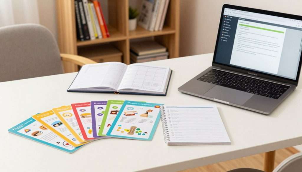A well-organized study desk featuring colorful, visually engaging spaced repetition study materials, including flashcards, diagrams, and notes neatly arranged. In the foreground, a vibrant set of flashcards with key concepts and images are fanned out next to a sleek laptop displaying an educational app interface. In the middle ground, an open planner showcases a carefully structured study schedule. The background features a cozy study room with warm, natural lighting, a bookshelf filled with educational books, and a soft armchair. The atmosphere is focused and inviting, suggesting a productive learning environment. The composition should have a slight depth-of-field effect with a 35mm lens perspective to make the study materials pop, while the hues are bright yet calming, creating an ideal space for effective learning.
