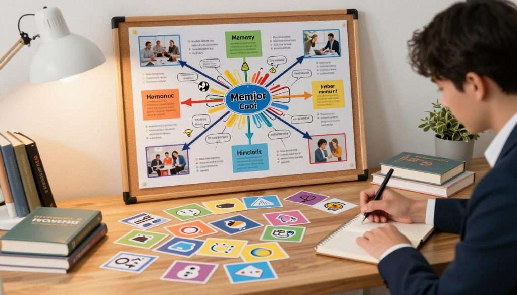 A well-organized study space featuring various mnemonic devices, with a central wooden desk scattered with colorful flashcards, images of memory aids like acronyms and visual symbols. In the foreground, a focused individual in professional business attire is writing in a notebook, surrounded by books on memory techniques. The middle ground showcases a large, vibrant mind map on a corkboard, filled with interconnected ideas and images that symbolize memory retention. The background presents a cozy, well-lit room with soft, warm lighting from a desk lamp, creating an inviting atmosphere conducive to learning. The camera angle captures the scene at eye level, emphasizing engagement and concentration while avoiding distractions. A well-organized study space featuring various mnemonic devices, with a central wooden desk scattered with colorful flashcards, images of memory aids like acronyms and visual symbols. In the foreground, a focused individual in professional business attire is writing in a notebook, surrounded by books on memory techniques. The middle ground showcases a large, vibrant mind map on a corkboard, filled with interconnected ideas and images that symbolize memory retention. The background presents a cozy, well-lit room with soft, warm lighting from a desk lamp, creating an inviting atmosphere conducive to learning. The camera angle captures the scene at eye level, emphasizing engagement and concentration while avoiding distractions.