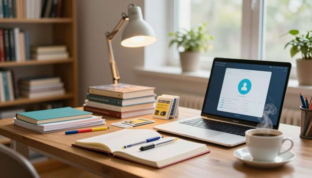 A well-organized study space filled with effective study tools and resources. In the foreground, a neatly arranged wooden desk featuring an open notebook, colorful pens, a laptop, and a cup of steaming coffee. A learning app visible on the laptop screen. In the middle ground, a stack of textbooks and flashcards, alongside a desk lamp casting a warm, inviting light. The background showcases a cozy library with shelves of books, a potted plant, and large windows letting in natural daylight. The overall mood is focused and productive, creating an atmosphere conducive to effective studying. Use a soft focus lens effect to emphasize the study tools, while keeping the background elements lightly blurred for depth. A well-organized study space filled with effective study tools and resources. In the foreground, a neatly arranged wooden desk featuring an open notebook, colorful pens, a laptop, and a cup of steaming coffee. A learning app visible on the laptop screen. In the middle ground, a stack of textbooks and flashcards, alongside a desk lamp casting a warm, inviting light. The background showcases a cozy library with shelves of books, a potted plant, and large windows letting in natural daylight. The overall mood is focused and productive, creating an atmosphere conducive to effective studying. Use a soft focus lens effect to emphasize the study tools, while keeping the background elements lightly blurred for depth.