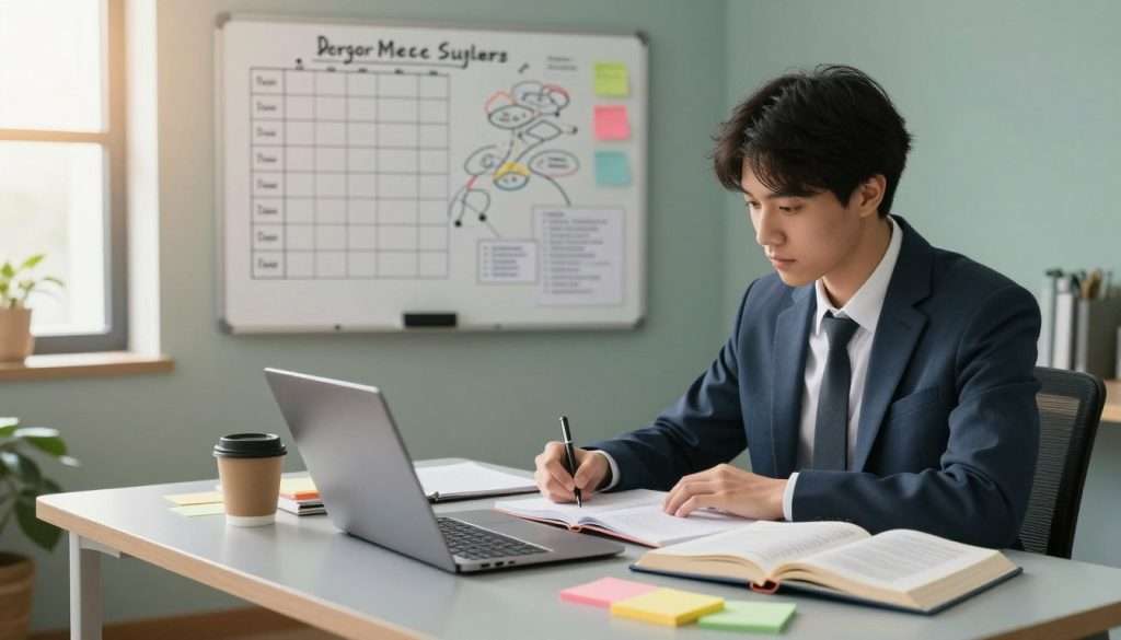 A well-organized study space focused on optimizing study sessions for maximum concentration. In the foreground, a young person in professional business attire is seated at a sleek desk, surrounded by open textbooks, notebooks, and a laptop, intently focused on studying. On the desk, there are colorful sticky notes and a half-full coffee cup to signify active learning. In the middle ground, a wall-mounted whiteboard showcases neatly arranged study schedules and mind maps. In the background, a window allows soft, natural sunlight to pour in, creating a warm and inviting atmosphere. The color palette is calm and soothing, with shades of blue and green. The overall mood is one of concentration and productivity, captured from a slightly elevated angle to emphasize the organized workspace.