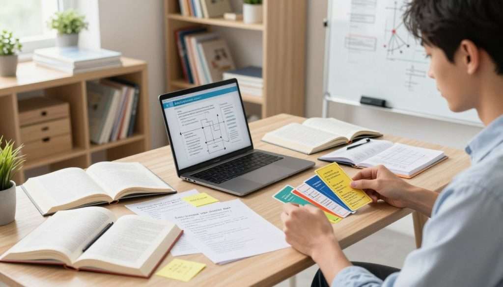 A well-organized study space illustrating active recall techniques. In the foreground, a professional young adult dressed in business casual clothing is engaged in study, using colorful flashcards and a whiteboard filled with diagrams. In the middle, an intricate note-taking setup with an open laptop, textbooks, and hand-written notes is neatly arranged. Brightly lit by natural light streaming through a nearby window, the atmosphere is focused and dynamic. The background features shelves filled with educational materials and plants, adding a sense of comfort and motivation. The scene captures the essence of mastering active recall, emphasizing the importance of study techniques for rapid learning, set in a cozy yet productive environment. A well-organized study space illustrating active recall techniques. In the foreground, a professional young adult dressed in business casual clothing is engaged in study, using colorful flashcards and a whiteboard filled with diagrams. In the middle, an intricate note-taking setup with an open laptop, textbooks, and hand-written notes is neatly arranged. Brightly lit by natural light streaming through a nearby window, the atmosphere is focused and dynamic. The background features shelves filled with educational materials and plants, adding a sense of comfort and motivation. The scene captures the essence of mastering active recall, emphasizing the importance of study techniques for rapid learning, set in a cozy yet productive environment.