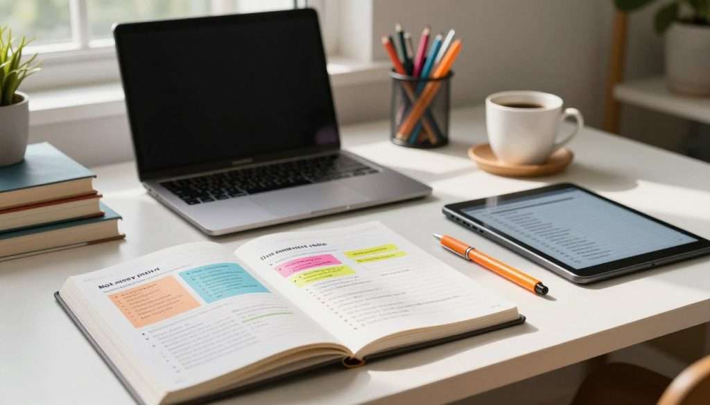 A well-organized study space showcasing a charting method for note-taking. In the foreground, a neatly arranged notebook opened to a page featuring a colorful chart, with clearly defined sections and bullet points. Beside it, a set of vibrant colored pens and a digital tablet displaying a partially visible charting template. In the middle, a stylish desk with a laptop, stationery, and a coffee cup, surrounded by books related to study techniques. The background features a softly lit room with a window allowing natural light to filter in, casting gentle shadows. The overall atmosphere is calm and studious, ideal for effective learning. The image should convey creativity and inspiration without any text or watermarks.