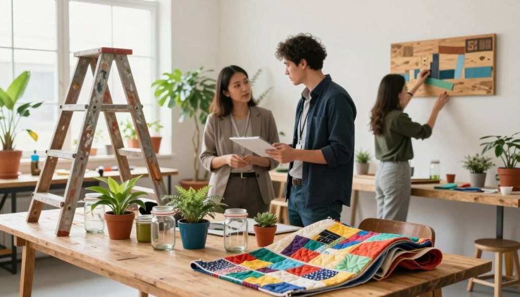 A workshop setting filled with light, showcasing various objects being creatively repurposed for different applications. In the foreground, a wooden table is cluttered with colorful upcycled items like glass jars turned into planters, an old ladder being used as a bookshelf, and fabric scraps transformed into a quilt. The middle ground features individuals in professional business attire, two people discussing ideas while another is carefully painting a recycled wooden sign. The background reveals a bright, airy space filled with plants and natural light streaming through large windows, creating an inspiring atmosphere. The overall mood is energetic and innovative, symbolizing creativity and sustainability in practice.