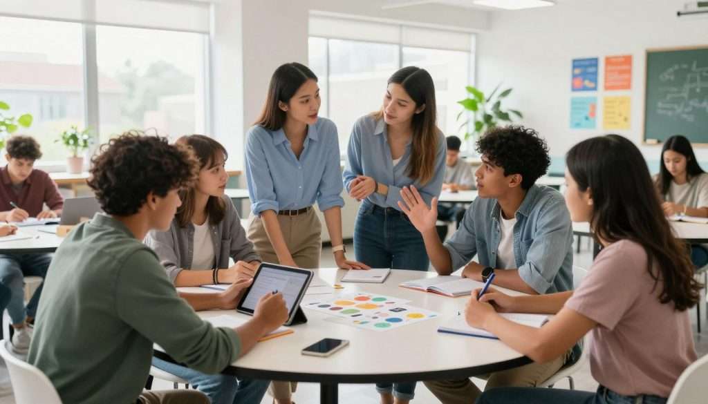An engaging classroom scene depicting active learning in education, showcasing diverse students collaborating around a circular table, deeply immersed in a hands-on project. In the foreground, a pair of students enthusiastically discussing their ideas, one gesturing with a tablet, while another takes notes. In the middle ground, a teacher guides another group, facilitating an interactive discussion. The backgrounds feature a modern classroom with large windows allowing natural light to flood in, plants adding a touch of greenery, and colorful educational posters on the walls. The atmosphere is vibrant and dynamic, reflecting excitement and collaboration. The lighting is bright and uplifting, emphasizing a positive learning environment, captured with a wide-angle lens to encompass the collaborative spirit of the scene. An engaging classroom scene depicting active learning in education, showcasing diverse students collaborating around a circular table, deeply immersed in a hands-on project. In the foreground, a pair of students enthusiastically discussing their ideas, one gesturing with a tablet, while another takes notes. In the middle ground, a teacher guides another group, facilitating an interactive discussion. The backgrounds feature a modern classroom with large windows allowing natural light to flood in, plants adding a touch of greenery, and colorful educational posters on the walls. The atmosphere is vibrant and dynamic, reflecting excitement and collaboration. The lighting is bright and uplifting, emphasizing a positive learning environment, captured with a wide-angle lens to encompass the collaborative spirit of the scene.