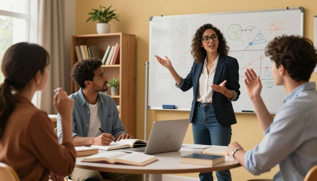 In a cozy classroom setting, a diverse group of four individuals—two women and two men—are engaging in a lively discussion, demonstrating the concept of teaching others. In the foreground, a woman with glasses, dressed in smart casual attire, enthusiastically explains a concept to her peers, using a whiteboard filled with colorful diagrams. Beside her, a man takes notes while nodding, and another individual, wearing a button-up shirt, raises his hand to ask a question. In the middle ground, a small round table is strewn with open books and a laptop. The background features shelves filled with books and plants, illuminated by warm, soft lighting, creating an inviting atmosphere. The mood is collaborative and inspiring, showcasing the joy of learning through teaching.