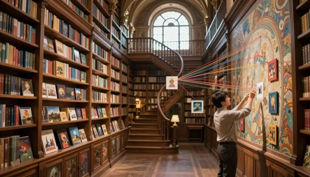 A beautifully detailed memory palace interior, reminiscent of an ancient library, filled with ornate wooden shelves showcasing vibrant, imaginative imagery associated with different ideas and memories. In the foreground, a professional individual in modest attire is engaging with visual aids, linking concepts using colorful string that connects various points on a wall adorned with intricate murals. The middle ground features an ethereal glow illuminating the space, highlighting the association process. In the background, an expansive view of spiraling staircases leads to arched windows, casting soft, warm light across the room. The atmosphere is one of focused creativity and inspiration, evoking a sense of wonder and mental clarity in a harmonious blend of art and intellect, all captured with a soft focus lens emphasizing depth and texture.