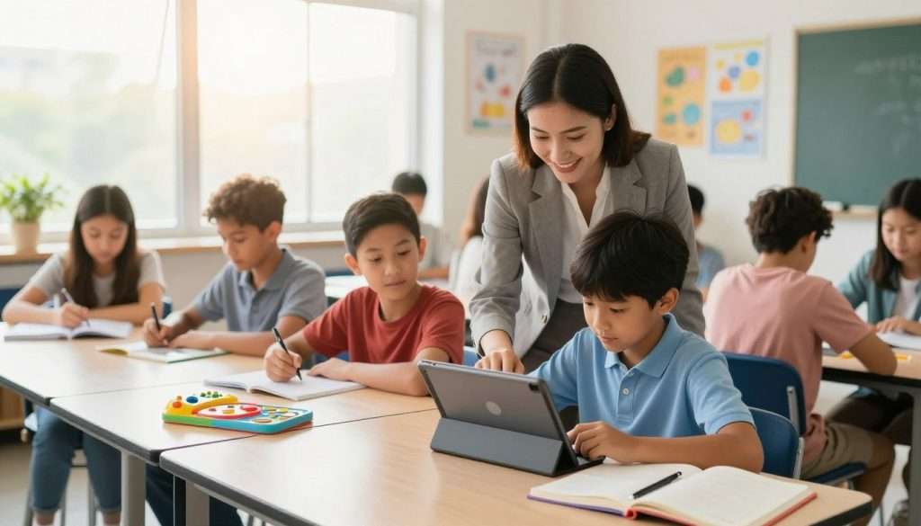 A bright and inspirational classroom scene, showcasing a diverse group of students engaging with interactive educational tools. In the foreground, a smiling female teacher, dressed in professional attire, is enthusiastically helping a student solve a problem on a digital tablet. The middle ground features students of various backgrounds collaborating around tables filled with colorful study materials, notebooks, and learning games. In the background, large windows allow warm sunlight to flood the room, creating a cheerful and motivating atmosphere. Soft focus on motivational posters and visuals on the wall enhances the image's uplifting mood. The angle captures the dynamic interaction and sense of community, emphasizing positive reinforcement in education. The lighting is bright and inviting, evoking a sense of joy and excitement for learning.