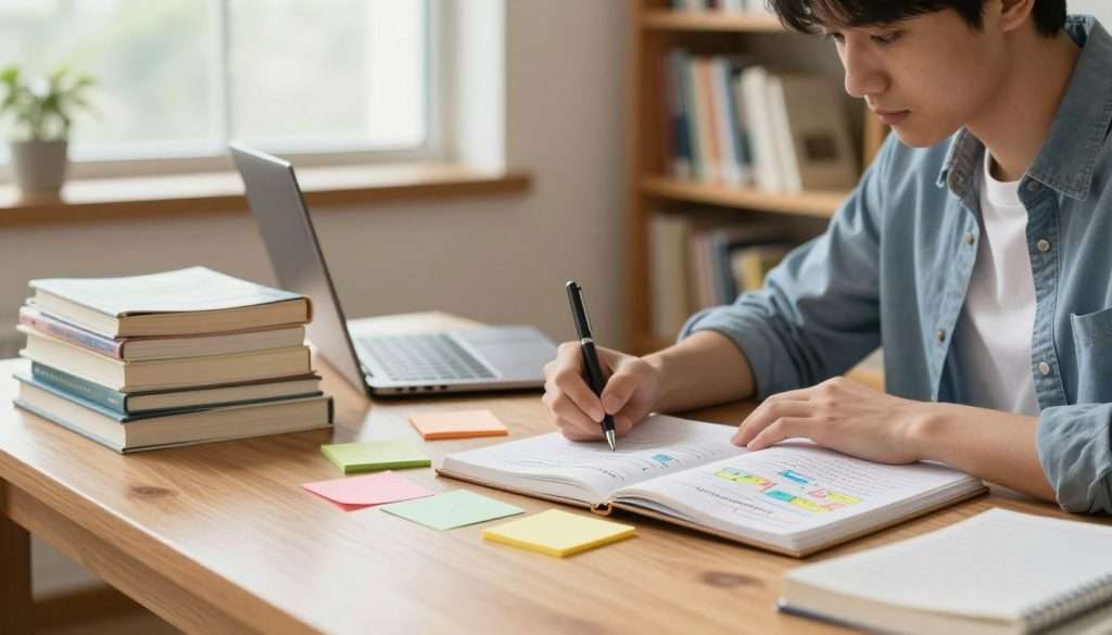 A bright and organized study space featuring a wooden desk with an open notebook filled with neatly organized notes and colorful diagrams. The foreground includes a student, a young adult in professional casual attire, diligently writing notes with a focused expression. In the middle ground, stacks of textbooks and a laptop are visible, along with color-coded sticky notes scattered around for quick reference. The background showcases a cozy library with shelves filled with books and a large window allowing soft, natural light to illuminate the scene. Capture a serene yet productive atmosphere, with warm lighting that evokes a sense of motivation and clarity. The lens should have a slight depth of field to keep the focus on the studying student while gently blurring the background elements.