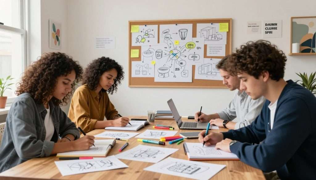 A bright, inviting study space featuring a large wooden table filled with colorful sketchbooks, vibrant markers, and scattered doodles. In the foreground, a diverse group of three individuals—two women and one man—are engaged in sketching; they are dressed in smart casual attire, exuding a sense of focus and creativity. The middle ground showcases a corkboard with pinned notes, mind maps, and illustrations depicting various concepts, emphasizing the interplay of visual thinking and memory retention. The background features a wall adorned with inspirational quotes and art, bathed in soft natural light from a nearby window that creates a warm, productive atmosphere. The angle of the image should give a sense of depth, highlighting the collaborative and dynamic nature of the sketching process.