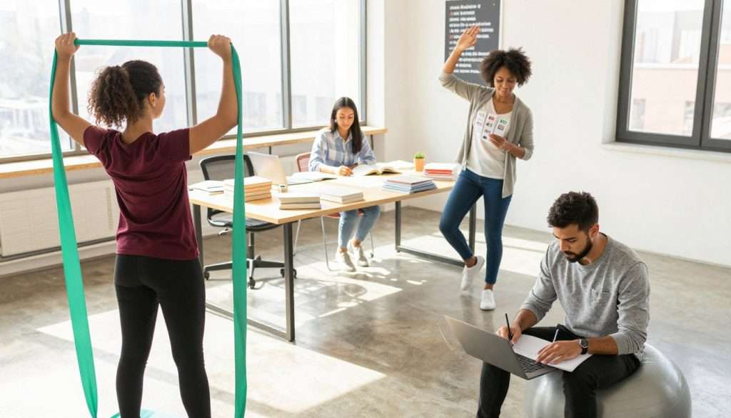 A bright, modern study space featuring a diverse group of three students engaging in physical movement while studying. In the foreground, one student is standing with a stretch band, performing resistance exercises; another is using a stability ball as a chair, jotting down notes on a laptop. The third is doing a light dance while reviewing flashcards, all wearing casual yet professional clothing. In the middle background, books and study materials are organized on a large table, with a motivational poster on the wall. Natural sunlight streams in through large windows, creating a warm, inviting atmosphere. The mood is energetic and focused, capturing the essence of integrating physical activity into studying. Use a slightly angled high perspective to emphasize the activity and dynamism of the scene. A bright, modern study space featuring a diverse group of three students engaging in physical movement while studying. In the foreground, one student is standing with a stretch band, performing resistance exercises; another is using a stability ball as a chair, jotting down notes on a laptop. The third is doing a light dance while reviewing flashcards, all wearing casual yet professional clothing. In the middle background, books and study materials are organized on a large table, with a motivational poster on the wall. Natural sunlight streams in through large windows, creating a warm, inviting atmosphere. The mood is energetic and focused, capturing the essence of integrating physical activity into studying. Use a slightly angled high perspective to emphasize the activity and dynamism of the scene.
