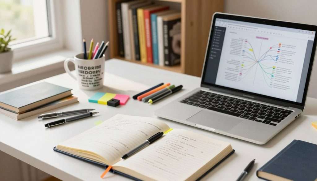 A bright, well-organized workspace showcasing various tools and techniques for writing and learning. In the foreground, an open notebook with handwritten notes, colorful sticky tabs scattered around, and a laptop with a digital mind map displayed on the screen. In the middle ground, a set of neatly arranged writing pens, highlighters, and a cup filled with inspiring quotes. A bookshelf filled with books on writing techniques and self-improvement looms in the background, bathed in warm, natural light filtering through a nearby window. The atmosphere is productive and inviting, with a sense of creativity and focus. The angle is slightly elevated, capturing the full scene while emphasizing the elements of learning and writing without any text or distractions. A bright, well-organized workspace showcasing various tools and techniques for writing and learning. In the foreground, an open notebook with handwritten notes, colorful sticky tabs scattered around, and a laptop with a digital mind map displayed on the screen. In the middle ground, a set of neatly arranged writing pens, highlighters, and a cup filled with inspiring quotes. A bookshelf filled with books on writing techniques and self-improvement looms in the background, bathed in warm, natural light filtering through a nearby window. The atmosphere is productive and inviting, with a sense of creativity and focus. The angle is slightly elevated, capturing the full scene while emphasizing the elements of learning and writing without any text or distractions.
