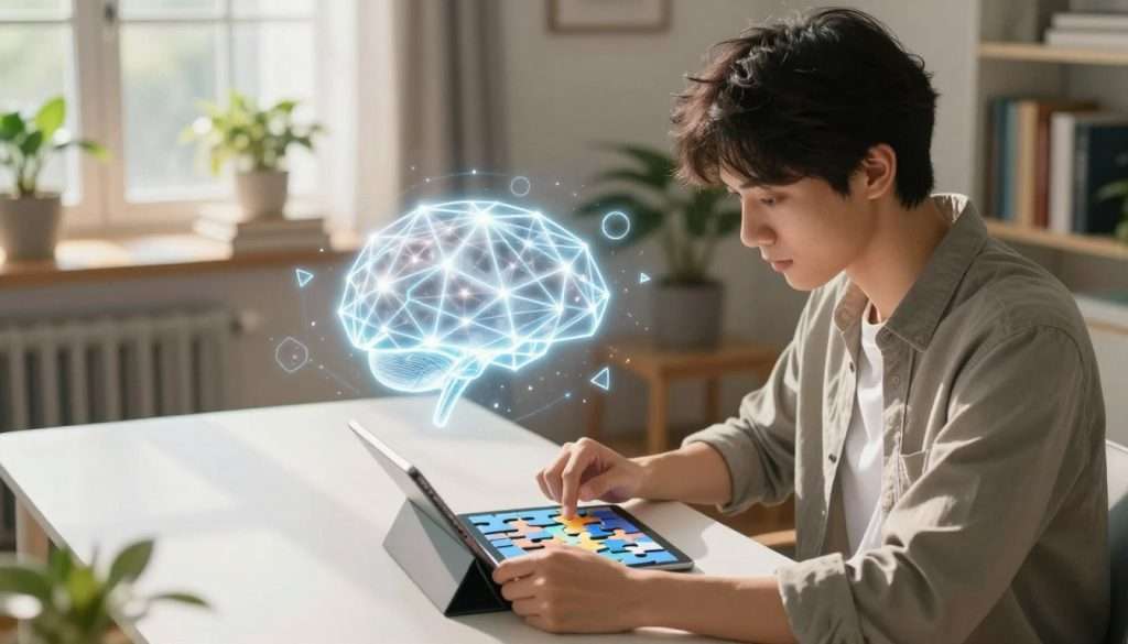 A captivating scene showcasing cognitive enhancement through brain training. In the foreground, a focused individual sits at a modern desk, engaged in solving complex puzzles on a sleek tablet, dressed in smart casual attire. The middle ground features floating geometric shapes symbolizing neural connections, illuminated with a bright, uplifting light. The background shows a serene, well-lit room filled with books and plants, emphasizing a calm and stimulating environment. Soft sunlight filters through large windows, casting gentle shadows. The overall mood is inspiring and motivational, conveying the essence of mental clarity and enhanced focus. Consider a slight overhead angle to capture the depth of the scene while maintaining a sense of intimacy. A captivating scene showcasing cognitive enhancement through brain training. In the foreground, a focused individual sits at a modern desk, engaged in solving complex puzzles on a sleek tablet, dressed in smart casual attire. The middle ground features floating geometric shapes symbolizing neural connections, illuminated with a bright, uplifting light. The background shows a serene, well-lit room filled with books and plants, emphasizing a calm and stimulating environment. Soft sunlight filters through large windows, casting gentle shadows. The overall mood is inspiring and motivational, conveying the essence of mental clarity and enhanced focus. Consider a slight overhead angle to capture the depth of the scene while maintaining a sense of intimacy.
