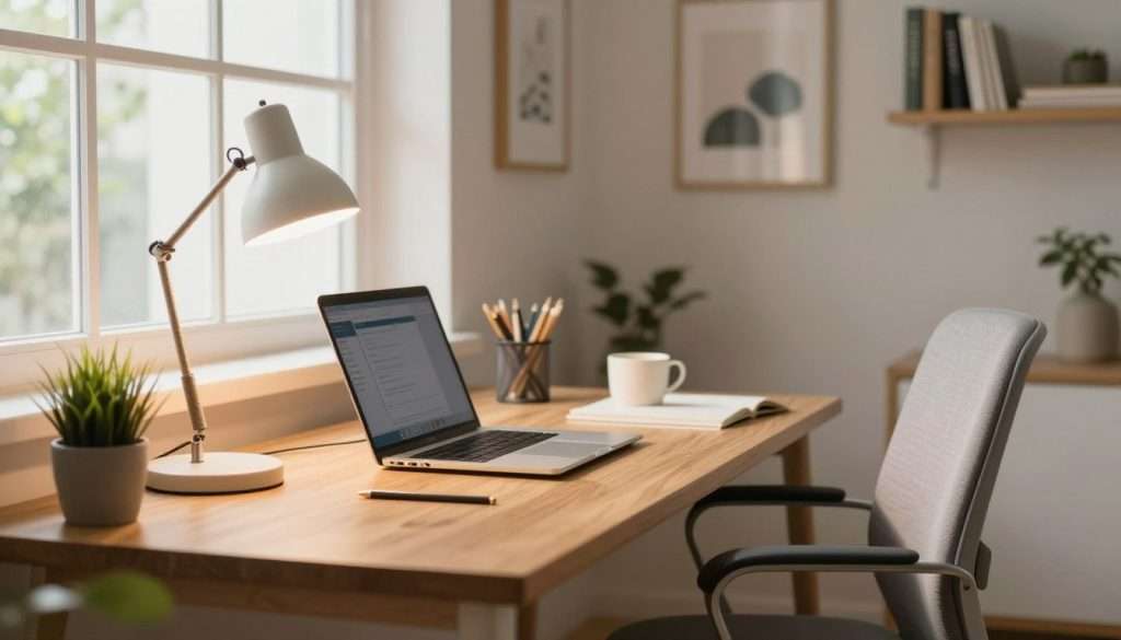 A clean study space designed for maximized productivity, featuring a minimalistic wooden desk with a sleek laptop and a stylish desk lamp emitting warm, focused light. In the foreground, there are neatly arranged stationery items and a small potted plant adding a touch of green. In the middle ground, a comfortable ergonomic chair is positioned at the desk, and a large window allows natural light to pour in, casting soft shadows across the room. The background displays lightly colored walls adorned with inspirational artwork and shelves organized with books. The overall atmosphere is serene and inviting, encouraging deep work and focus, with a slight bokeh effect to highlight the study area while softly blurring the background elements.