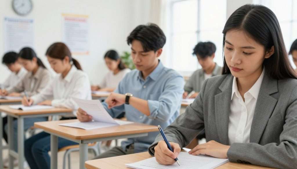 A close-up scene in a brightly lit exam room where a diverse group of students sit at their individual desks, focused and calm. In the foreground, one student, a young woman in business attire, is jotting down notes, her expression showing concentration and confidence. In the middle ground, another student, a young man, glances at his watch while thoughtfully reviewing his test paper, demonstrating strategic time management. The background features a clock on the wall and posters with motivational phrases about test-taking strategies. Soft, natural light filters in through a window, creating a warm and encouraging atmosphere that promotes a sense of determination and focus. The overall mood is one of preparation and success, capturing the essence of effective test-taking strategies.