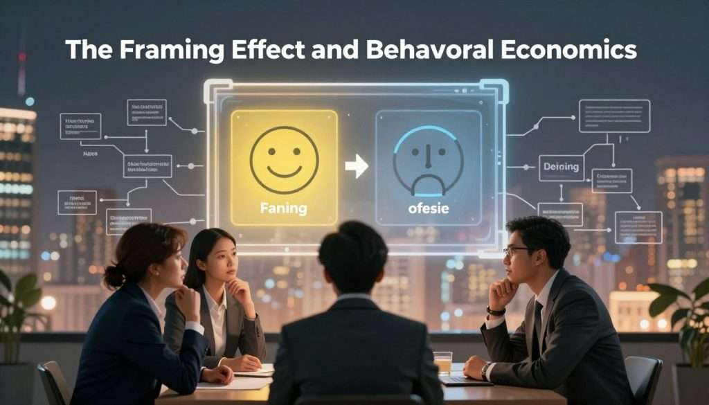 A conceptual illustration depicting "The Framing Effect and Behavioral Economics." In the foreground, a diverse group of three professionals in business attire are engaged in a thoughtful discussion, with visual representations of decision-making flowcharts and biases around them. The middle layer features a large, transparent frame displaying contrasting choices—one side showing a positive outcome and the other a negative one, illustrating the framing effect. The background features an abstract representation of a bustling cityscape, symbolizing the broader context of economic choices. Soft, ambient lighting casts a warm glow, creating a contemplative atmosphere, while a slight depth of field focuses on the group in the foreground. The overall mood conveys insight and cognitive exploration, emphasizing the power of choice architecture in decision-making processes.
