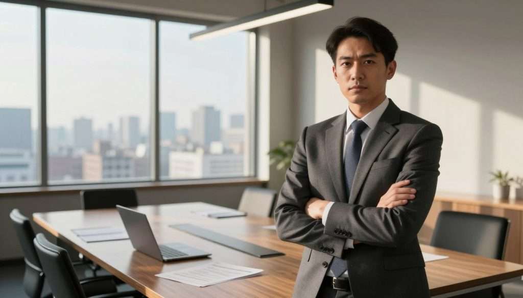 A confident business professional stands at the forefront, arms crossed with a determined expression, dressed in a smart suit. The middle ground features a boardroom setting with a large wooden table, filled with documents and laptops, symbolizing intense decision-making. In the background, a large window shows a panoramic cityscape under bright sunlight, indicating clarity and focus. Soft industrial lighting casts a warm glow, enhancing the atmosphere of ambition and self-assurance, while subtle shadows emphasize the seriousness of the moment. The image conveys a sense of overconfidence but with a hint of vulnerability, illustrating the struggle to balance self-assuredness with clear judgment. The angle is slightly low, giving a sense of elevation to the professional figure, enhancing the theme of overconfidence bias.