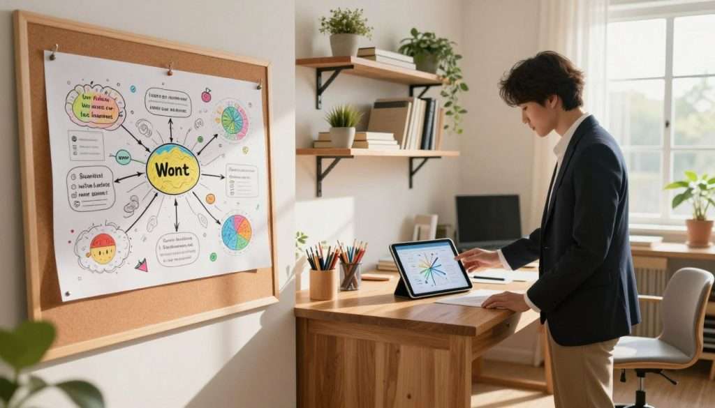 A cozy, bright study room designed for visual learners. In the foreground, a well-organized mind map is pinned to a corkboard, filled with colorful doodles, keywords, and branching ideas. A focused individual, dressed in professional business attire, stands beside a large wooden desk, reviewing a tablet that displays a digital mind map. In the middle ground, shelves lined with books, stationery, and plants create a productive atmosphere. The background features a window allowing natural light to stream in, illuminating the space with a warm glow. Soft shadows cast by the furniture create an inviting, motivational mood, encouraging creativity and efficient learning. The image is captured at eye level with a soft focus to highlight the mind map's details.