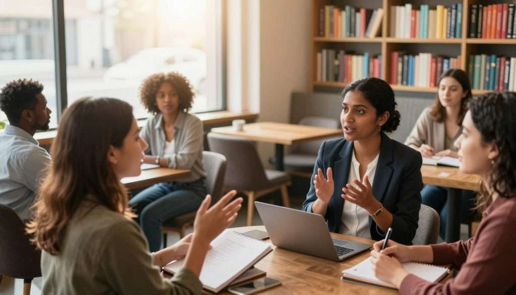 A cozy coffee shop setting with a diverse group of individuals engaged in animated discussions. In the foreground, a woman of South Asian descent in professional attire is sharing her ideas passionately. Beside her, a Black man in a smart-casual outfit nods in agreement, while a Hispanic woman takes notes eagerly. In the background, a tall window lets in soft, warm sunlight, illuminating the space and creating a welcoming atmosphere. Bookshelves filled with colorful books line the walls, symbolizing knowledge. The camera angle is slightly elevated, capturing the interaction from above. The mood is vibrant and collaborative, emphasizing the importance of diverse perspectives in the pursuit of knowledge.