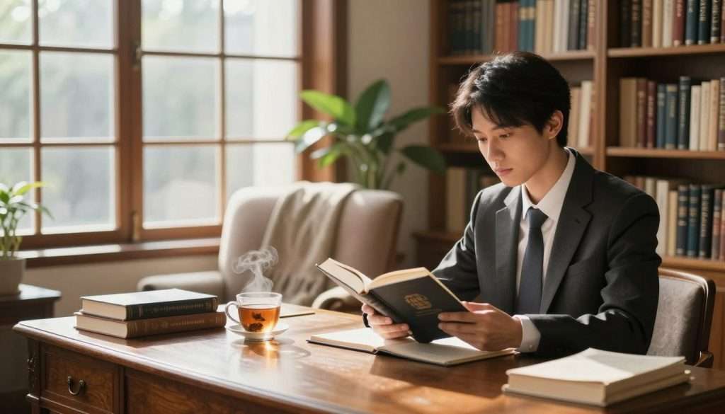 A cozy, inviting study filled with warm, natural light streaming through large windows, casting soft shadows on rich wooden bookshelves lined with an array of challenging literature. In the foreground, a person dressed in professional business attire sits at a vintage oak desk, deeply engaged with a thick, complex book, their expression focused and contemplative. A cup of steaming herbal tea rests nearby, adding to the serene atmosphere. In the middle ground, a soft armchair with a plush throw invites relaxation while a large plant adds a touch of nature. The background showcases a softly blurred view of a bookshelf, emphasizing depth without detracting from the main subject. The overall mood is one of tranquility and concentration, ideal for nurturing deep focus and mental acuity.