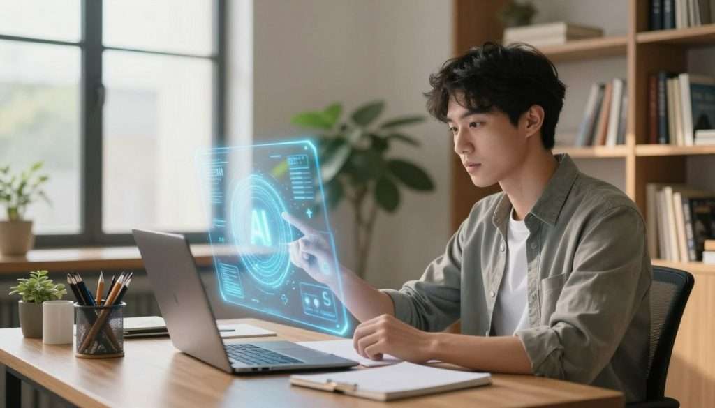 A cozy, modern study room features a professional-looking young adult seated at a desk, engaging with a holographic display of a large language model, represented as an ethereal, glowing AI interface. In the foreground, the individual, dressed in smart casual attire, is focused and taking notes. The midsection showcases bookshelves lined with educational books, alongside a potted plant to add a touch of warmth. In the background, large windows allow natural light to flood the space, creating an inviting atmosphere. Soft shadows play across the room, emphasizing a calm and productive vibe. The overall mood is one of curiosity and empowerment, illustrating the concept of AI as a personal tutor in an innovative educational setting. A cozy, modern study room features a professional-looking young adult seated at a desk, engaging with a holographic display of a large language model, represented as an ethereal, glowing AI interface. In the foreground, the individual, dressed in smart casual attire, is focused and taking notes. The midsection showcases bookshelves lined with educational books, alongside a potted plant to add a touch of warmth. In the background, large windows allow natural light to flood the space, creating an inviting atmosphere. Soft shadows play across the room, emphasizing a calm and productive vibe. The overall mood is one of curiosity and empowerment, illustrating the concept of AI as a personal tutor in an innovative educational setting.
