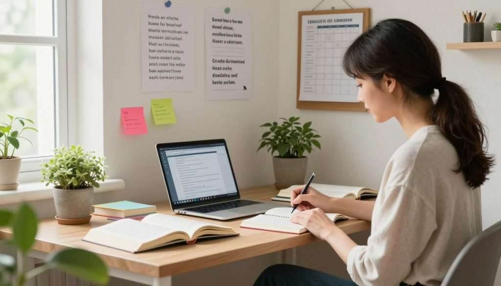 A cozy study environment designed for optimal memory retention, featuring a neatly organized desk with colorful sticky notes, a few open textbooks, and a laptop with study tools visible. In the foreground, a well-dressed woman in modest casual clothing is seated at the desk, writing in a notebook and surrounded by plants that add a touch of green. The middle ground showcases a wall filled with inspiring quotes and a bulletin board with study plans. In the background, soft natural light streams through a window, casting gentle shadows. The mood is calm and focused, emphasizing productivity and personalization in study habits, with a warm color palette to enhance comfort.