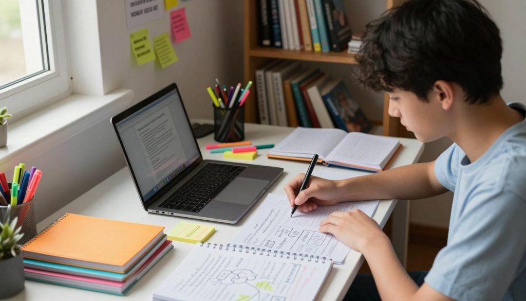 A cozy study environment featuring a well-organized desk cluttered with colorful notebooks, efficient stationery like highlighters and sticky notes, and a laptop. In the foreground, a focused high school student, dressed in modest casual clothing, is engaged in effective note-taking, using a combination of bullet points, diagrams, and mind maps. The middle ground showcases a motivational wall with inspiring quotes and study tips, while a bookshelf filled with educational materials adds depth to the scene. Soft, natural lighting filters through a window, casting gentle shadows, creating an inviting atmosphere that emphasizes concentration and productivity. The camera angle is slightly elevated, capturing the student's focused expression and the detailed notes they are creating. A cozy study environment featuring a well-organized desk cluttered with colorful notebooks, efficient stationery like highlighters and sticky notes, and a laptop. In the foreground, a focused high school student, dressed in modest casual clothing, is engaged in effective note-taking, using a combination of bullet points, diagrams, and mind maps. The middle ground showcases a motivational wall with inspiring quotes and study tips, while a bookshelf filled with educational materials adds depth to the scene. Soft, natural lighting filters through a window, casting gentle shadows, creating an inviting atmosphere that emphasizes concentration and productivity. The camera angle is slightly elevated, capturing the student's focused expression and the detailed notes they are creating.