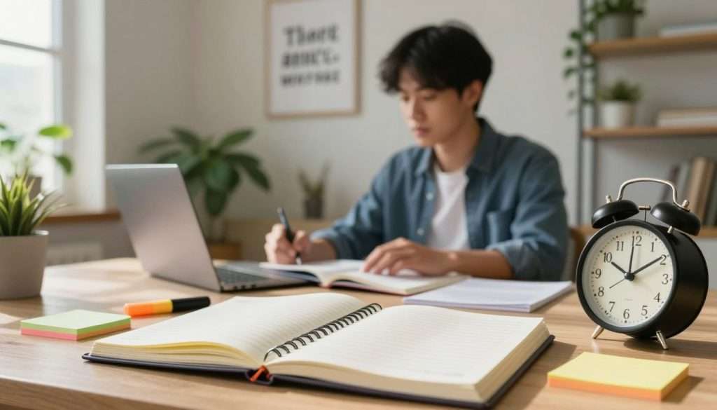 A cozy study environment illustrating effective studying tips. In the foreground, a table with an open notebook, colorful sticky notes, and a well-organized planner. A highlighter and a clock showing a timed study interval add a focus element. In the middle, a focused student in professional casual attire, sitting peacefully, engaging with study materials. Behind them, a wall with a motivational quote framed, surrounded by plants that bring life to the room. Soft, natural light streams in from a window, creating a warm atmosphere. The scene captures a sense of calm and concentration, encouraging sustained focus and productivity in studying.