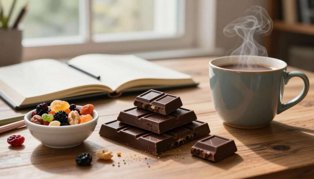A cozy study scene featuring an inviting arrangement of study snacks, prominently showcasing rich dark chocolate pieces on a wooden table. The chocolate is surrounded by a small bowl of mixed nuts and dried fruits, reflecting a vibrant palette of textures and colors. In the foreground, there’s a stylish ceramic mug filled with hot cocoa, steam gently rising. The middle ground shows an open notebook with scattered stationery items, hinting at an engaging study session. The background has a soft focus of a large window allowing natural light to flood the space, creating a warm and focused atmosphere. The lighting is soft and inviting, reminiscent of late afternoon sun, enhancing the mood of concentration and productivity.