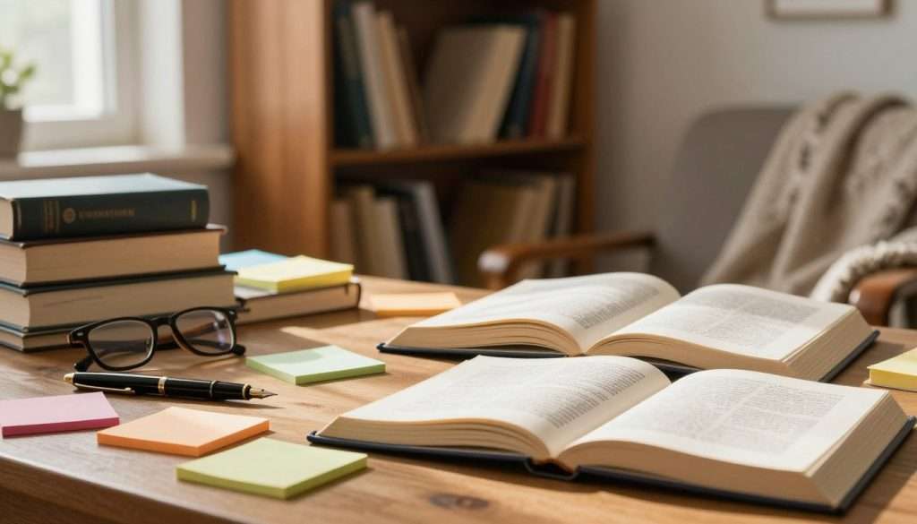A cozy study scene focused on the concept of close reading and annotation. In the foreground, a wooden desk is strewn with colorful sticky notes and annotated books open to various pages. A pair of reading glasses rests beside a vintage fountain pen, emphasizing a scholarly vibe. The middle ground features a warm-toned bookshelf filled with neatly arranged books, some with visible annotations peeking out. A soft, diffused sunlight filters through a nearby window, creating gentle shadows and highlighting the textures of the wood and paper. In the background, a comfortable armchair invites relaxation, draped with a cozy blanket, enhancing the overall atmosphere of focus and contemplation. The color palette is warm and inviting, exuding a sense of tranquility and intellectual curiosity.