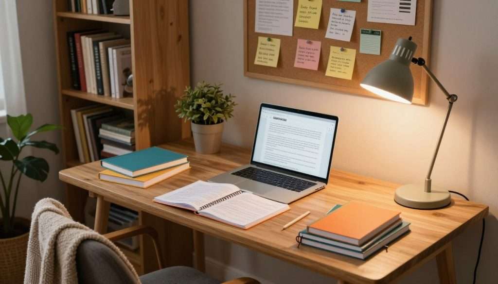 A cozy study space designed for productivity, featuring a wooden desk cluttered with colorful notebooks, an open laptop with study materials displayed, and a stylish desk lamp casting warm light. In the foreground, a comfortable chair is positioned by the desk, adorned with a cozy throw blanket. The middle layer showcases a bulletin board filled with pinned notes and motivational quotes, enhancing the study atmosphere. In the background, a bookshelf filled with neatly arranged books and a small indoor plant adds a touch of greenery. The overall lighting is soft and inviting, creating a calm and focused mood. The camera angle is slightly elevated, capturing the details of the study environment while ensuring a welcoming ambiance.