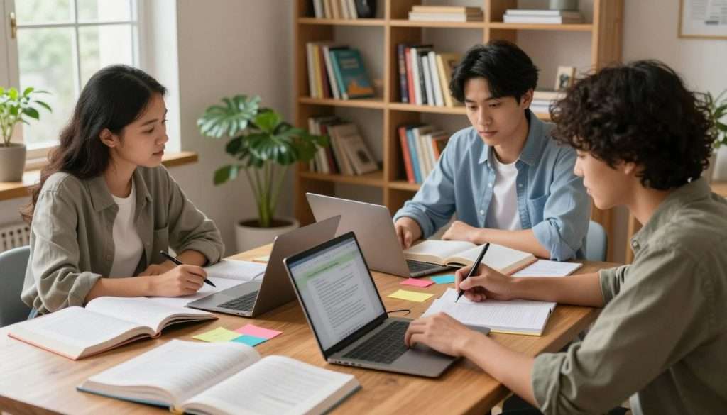 A cozy, well-lit study room featuring a diverse group of three students, two females and one male, in professional casual attire, engaged in an interleaved study session. The foreground showcases opened textbooks, colorful notes, and digital devices displaying different subjects, symbolizing the concept of interleaving. In the middle ground, the students are seated around a wooden table, discussing and sharing ideas, with focused expressions and pens in hand. The background presents a vibrant bookshelf filled with various educational materials and plants, adding a refreshing atmosphere. Soft, warm lighting filters in through a window, creating an inviting and productive ambience. The overall mood is one of collaboration and intellectual growth, emphasizing effective study techniques.