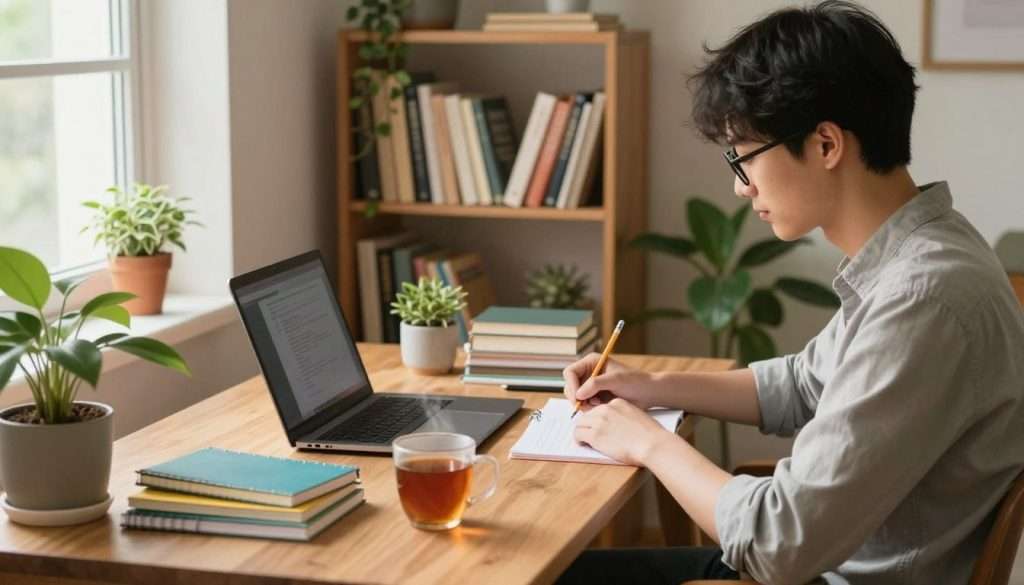 A cozy, well-organized study environment designed for peak performance, featuring a wooden desk clutter-free except for a laptop, a stack of colorful notebooks, and a cozy mug of steaming tea. The foreground captures a focused student in modest casual clothing, sitting comfortably, wearing glasses, and jotting down notes with a pencil. In the middle, an inviting bookshelf filled with neatly arranged books and plants flanking the desk. The background shows a softly lit window with natural light streaming in, providing warmth and a sense of tranquility. The atmosphere is calm and inviting, promoting concentration and productivity, with warm accents creating a motivational space. Lighting is soft and warm, enhancing the study ambiance.