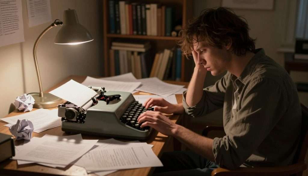 A dimly lit room filled with scattered pages and an abandoned typewriter, symbolizing writer’s block. In the foreground, a frustrated writer sits on a wooden chair, dressed in modest casual clothing, with tousled hair and a thoughtful expression, staring blankly at the typewriter. In the middle, messy drafts are strewn around, and a desk lamp casts a warm glow over crumpled paper, creating shadows that evoke a sense of struggle. In the background, a bookshelf filled with inspiring literature is slightly out of focus, hinting at creativity just out of reach. The atmosphere is tense yet hopeful, capturing the essence of overcoming creative barriers. The image has soft, diffused lighting with a shallow depth of field, inviting viewers to connect with the writer's emotional journey.
