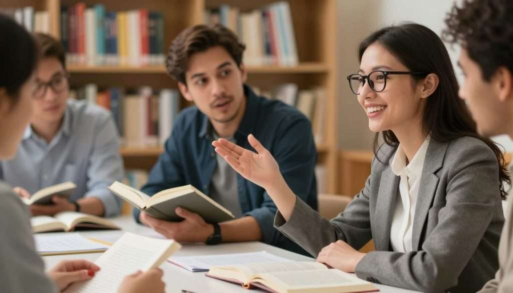 A diverse group of four individuals engaged in a lively discussion around a table scattered with open books and notes. The foreground features a close-up of a woman with glasses, smiling as she shares her thoughts, wearing a stylish but professional outfit. In the middle, a man animatedly responds, leaning forward, with a book in hand, conveying enthusiasm. Background elements include a cozy library setting with bookshelves filled with colorful books, warm lighting creating an inviting atmosphere. Soft focus on distant shelves enhances depth. The warm colors evoke an open, collaborative mood, symbolizing the power of social discussion in enhancing reading comprehension.