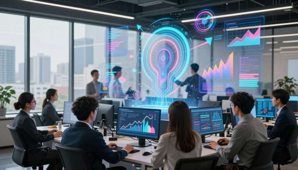 A dynamic scene depicting a multi-layered data visualization in a modern, sleek office environment. In the foreground, a diverse group of professionals wearing business attire, intently analyzing colorful graphs and diagrams on oversized screens. The middle ground features holographic data representations, with arrows and patterns emerging to emphasize trends, shapes, and connections. In the background, large windows offer a panoramic view of a bustling city, with soft, natural light illuminating the space. The mood is focused and inspiring, highlighting the excitement of discovery and understanding through data. The perspective should be slightly angled, capturing both the engaged individuals and the vibrant visuals effectively, creating an atmosphere of innovation and intellectual curiosity.